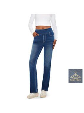 High Rise Stretchy Bootcut Pull On Jeans for Women Elastic Waist Denim